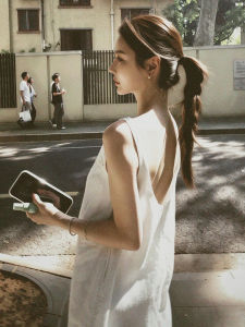 LIRUSHAN | Linem Hemp White Sleeveless Backless Summer Dress