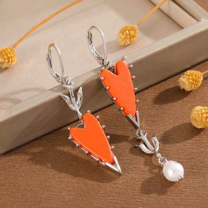 Creative Asymmetric Copper Dangle Earrings with Orange Enamel Heart & Faux Pearl Fit Casual and Party Matching.