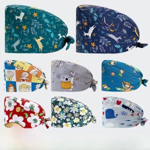 หมวกพยาบาลผ้าฝ้ายแท้พิมพ์ลายแฟชั่นน่ารักพร้อมผ้าพันคอหมวกคลุมศีรษะสำหรับคุณแม่หลังคลอดหมวกทำงานพยาบาล