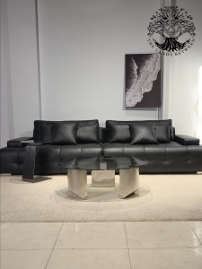 Bàn trà sofa bàn phòng khách bàn cafe WEDGE MINOTTI nhập khẩu kính tròn 3 chân inox bóng gương