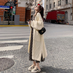 Mid-Length Sweater Cardigan Womens Autumn and Winter Korean Style Loose and Lazy Style Thick Thread Twist Slit Long Knitted Coat
