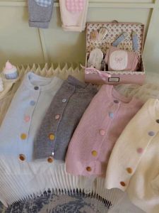 Pure Color Knitted Girls Jacket Spring/Autumn 2024 New Style Cotton Material Long Sleeves Crewneck Open Front Design