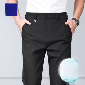 ROMON | Lormen Mens Summer Thin Straight Loose Business Casual Ice Silk Long Pants Fashionable Polyester Blend Youth Business Casual