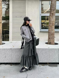 Váy Kẻ Caro Dài Vừa Phải Cho Nữ Mùa Thu Thiết Kế Đa Năng Màu Đen Xám Váy Xếp Ly Cạp Cao Chất Liệu Khác