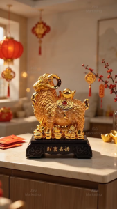 Golden Zodiac Sheep Feng Shui Ornament Wealth Famous Statue with Yuanbao for Home Office Decor Gift