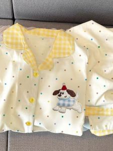 Polka Dot Embroidery Long Sleeve Dog Print Sleepwear Womens Spring Autumn New Style Pure Cotton Open Cardigan Home Clothes Suitable for Outdoor Wear