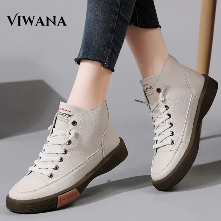 VIWANA Fashion Boots For Women Korean Style Leather High Cuts Shoes Ladies  Soft Sole Comfort Slip On Black Ankle Boots Casual Martin Boots Women Shoes 