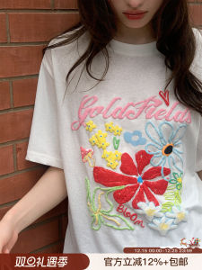 Summer New Sweet Small Shirt Design Embroidered Fungus Flower Print Short Sleeve T-Shirt Women Lightcolor Loosefitting Chinese