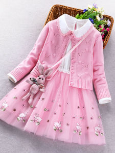Princess Style Girls Dress Set Autumn Winter Thickened Fleece Sweater Cotton Dress Two Piece Set Childrens Fashionable Princess Dress
