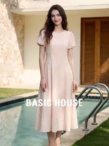 Basic House | Pink Round Neck Bubble Sleeve French Style A-Line Maxi Dress