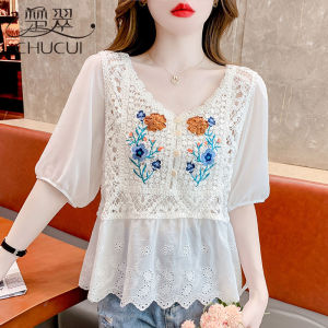 Bohemian Style Womens Short Sleeve Shirts Hollow out Design Summer Fashionable Chiffon Top V-Neck Loose Fit Bubble Sleeve