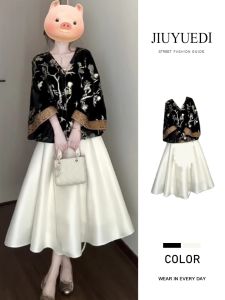 ชุดกี่เพ้าจีนฤดูใบไม้ร่วงใหม่ ชุดสองชิ้น เดรสยาวคลุมเข่าคอวีแขนยาว ผ้าฝ้ายผสมโพลีเอสเตอร์ ชุดแฟชั่นสำหรับผู้หญิง