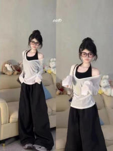 Summer New Sweet Style Three-Piece Set White Cover-Up Top Neck Hanging Strap Vest Wide Leg Pants Korean Version Commute Wind