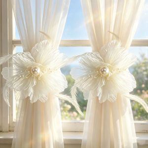 2pcs White Mesh Flower Curtain Tiebacks French Luxury INS Style Pearl Feather Decorative Curtain Holdbacks for Living Room B