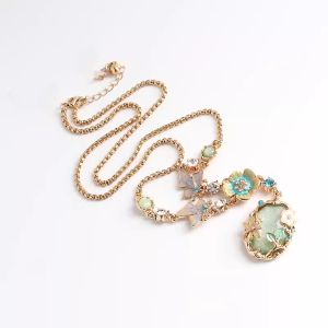 New Chinese Retro Butterfly Love Flower Drop Glaze Butterfly Flower Hanfu Long Necklace Hoodie Chain for Women