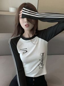 Retro Color Block Slim Fit Short Sleeve Long Sleeve T-Shirt Womens Autumn New Style Creative Print Base Shirt Top