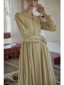 Elegant French Tea Break Long Sleeve Dress Slimming Midi Skirt Womens Fashion Autumn Season High Waist V-neck A-line Gown