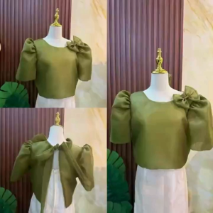 Modern Filipiniana Kimona Croptop With Detachable Ribbon Pearl button Lace Bow Manga L2349