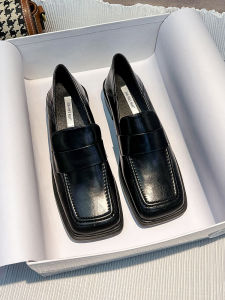 British Style Retro Square Head Small Leather Shoes Fashionable Lazy Thick Heel Comfortable Slip-On Loafers for Young Women