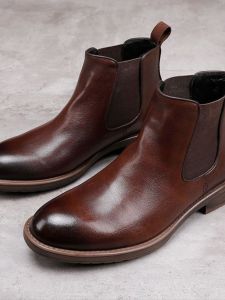 Leather Chelsea Boots Mens High Top British Style Winter Formal Business Shoes Large Size Fleece Lined Martin Boots