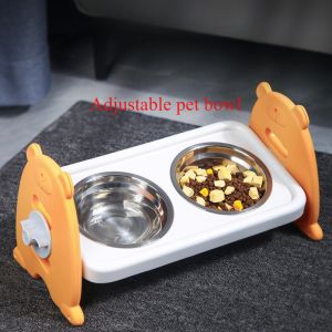 Elevated Stainless Dog Bowls with Bamboo Stand Tilted Adjustable Raised Puppy Cat Food Water Bowls Holder Pet Feeder Accessories