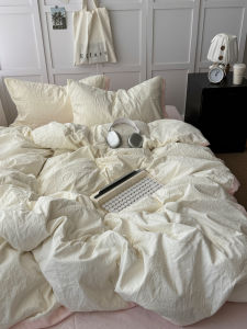 Girls Ins Style Cream Cheese Washed Cotton Bedding Set with Bow Tie Edge Dormitory Bed Sheets Three Piece Set Soft Polyester