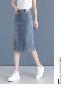 Denim Mini Midi Skirt Women Summer Thin Elastic High Waist A-Line Skirt Knee-Length Fairy Tale Style Back Slit Bodycon Skirt