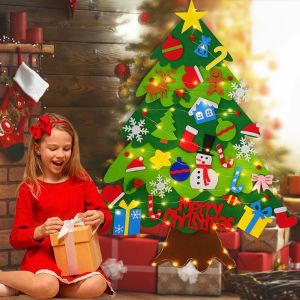DIY Felt Christmas Trees with String Light Handmade Art Decorative Xmas Trees Props Kids New Year Gifts Toys Supply
