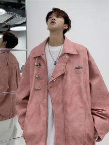 Áo Khoác Da Nam Dáng Rộng Cổ Bẻ Khóa Kim Loại Màu Hồng Thời Trang Đường Phố Thiết Kế Cao Cấp Đa Năng Phong Cách Mỹ