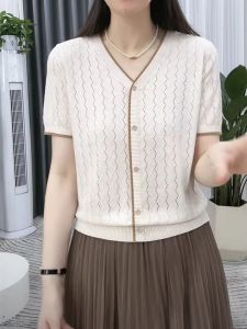 WANGGONGZHU | Princess Style Ice Silk Knitted Short Sleeve T-Shirt V-Neck Hollow Out Loose Fit Summer Fashionable Womens Top Thin Design