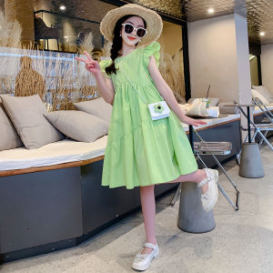 Princess Style Summer Dress for Girls Childrens Clothing Cotton Fabric A-Line Skirt Short Sleeve Pure Color Tourist Scene
