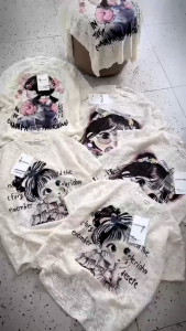 MK_ Đồ nữ mặc hè set mặc nhà đi biển mát áo Ren hoa cổ tròn in cô gái mơ màng tay ngắn mix chân váy ngắn bèo xoè nhiều tầng xinh