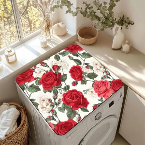 VIKAMA Vintage Red Rose Floral Dryer Top Protector Mat Anti-slip Washing Machine Dust Cover Pad Dryer Mat for Laundry Room Decor