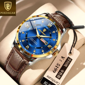 POEDAGAR Genuine Leather Watches for Men: Waterproof Sale, Original Diamond Dual Calendar Luminous Casual Fashion Watches - Boyfriends Gift Ideas