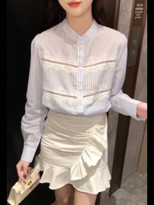 AMMIN 2024 Autumn new Blue Striped long-sleeved commuter chiffon blouse Womens Korean version Sweet Embroidered Floral lace single-breasted elegant Blouse