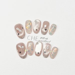 Handmade Wearable Nail Art Stickers New Style Bean Bean Nail Tips Nude Pink Glass Beads Cats Eye Whitening Beauty Nail Patches