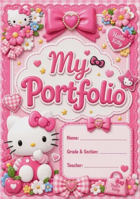My Melody Portfolio COVER A5 Size 135 gsm photo sticker with pink bow and floral design for Name Grade & Section Teacher fields.
