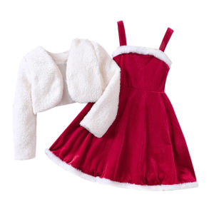 2026 Baby Girls Autumn/Winter Costumes Christmas New Year Plush Red Velvet Dress +White Fleece Coat Set Kids Girl Clothes