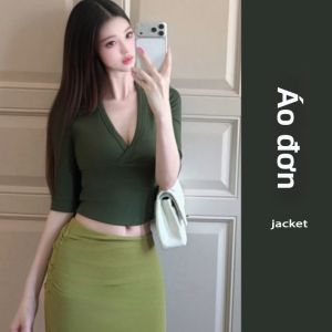 YUEZHONGWEI | Bộ Đồ Thời Trang Áo Cổ V Tay Ngắn Chân Váy Xanh