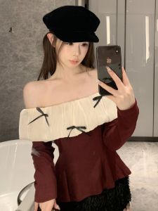 GUZILIAN | French Vintage Pure Desire Fashionable One Shoulder Lace Trim Slim Fit Butterfly Knot Color Block Waist Cinching Top