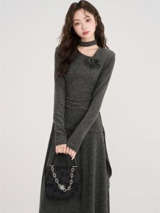 French Vintage Grey Lady Dress Top Set Women Fragrance Style New Elegance High Waist Long Skirt Breathable Polyester Casual