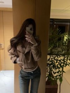 Korean Style Short Biker Jacket Womens Suede Leather Coat Khaki Color Slim Fit Autumn Winter Fashion Mechanical Wind Outerwear