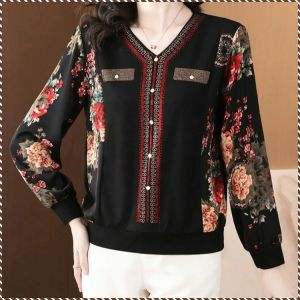 2024 Autumn V-Neck Hot Diamond Womens Tops Fashionable And Versatile Temperament Slim Long-Sleeved Tops