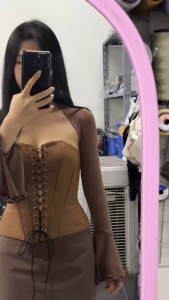 H33 Áo Corset Da Lộn 2 lớp Có Mút Cao Cấp KATHY BRA Đan Dây Định Hình Eo Siu Tôn Dáng