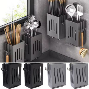 Wall-Mounted Storage Rack Multifunctional Waterproof Self-Adhesive Chopstick Draining Holder Large Capacity Tableware Container Kitchen Utensil Organizer
