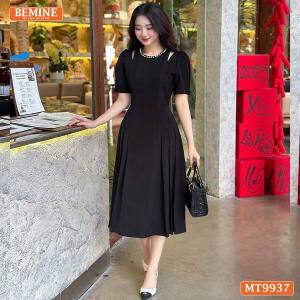 Đầm thiết kế BEMINE cổ tròn viền ngọc khoét vai dáng dài tay phồng phù hợp đi chơi đi tiệc-MT9937