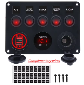 24V Switch Panel Marine Switch Panel Waterproof 5-Button Switch Panel Usb Switch Led Digital Voltmeter Cigarette Lighter Socket