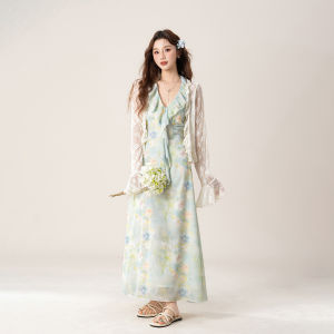 Summer Leisure Dress Flounce Flowered Slim Fit V-neck Green Maxi