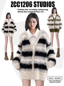 Soft Glutinous Cute Idle Style Stripes Plush Knitted Sweater Sweater Female Autumn and Winter Loose Easiest for Match V-neck Coat Tops