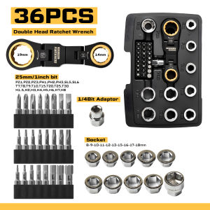 Geinxurn 36PCS Repair Tool Set with Stubby Ratchet Wrench 8–18mm Sockets Bit Adapter & 25mm Screwdriver Bits